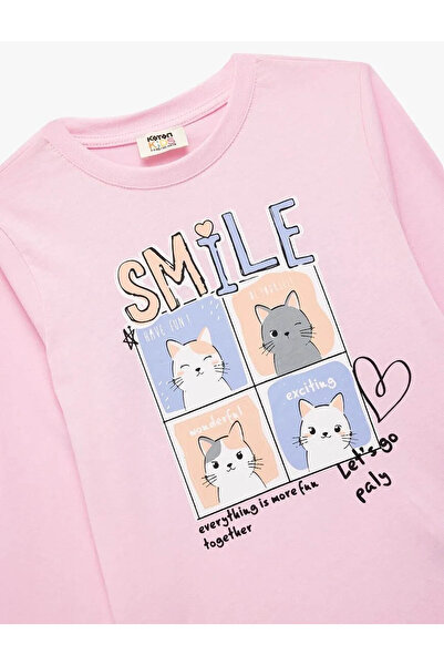 Koton Βαμβακερό ροζ μακρυμάνικο μπλουζάκι για κορίτσια με γάτα 6Wkg10036Ak