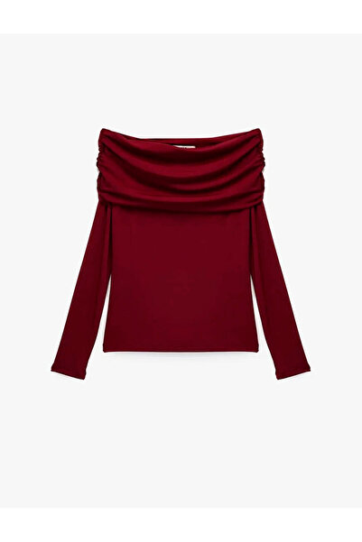 Koton تي شيرت نسائي بأكمام طويلة وقصة ضيقة وكتف مكشوف باللون العنابي 6Wak80032Ek