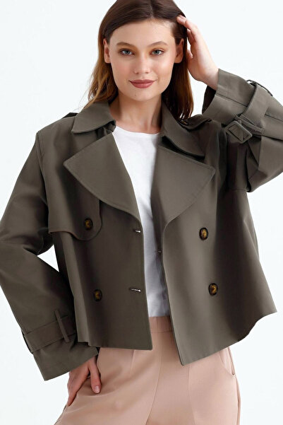 MissThetis Kruvaze Ceket Yaka Uzun Kol Düğmeli Şık ve Cool Cepsiz Astarlı Rahat Kısa Gabardin Trençkot