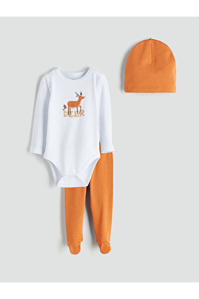 LC Waikiki Deer Printed Baby Boy Snap-On Bodysuit Pants and Beanie