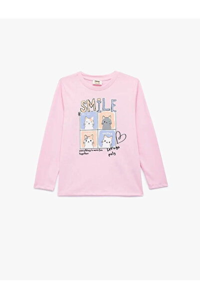 Koton Βαμβακερό ροζ μακρυμάνικο μπλουζάκι για κορίτσια με γάτα 6Wkg10036Ak