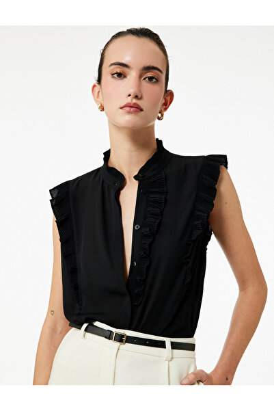 Koton Regular Fit Hakim Collar Sleeveless Ruffled Crepe Shirt