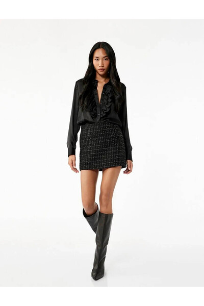 Koton Semi-Transparent Ruffled Peplum Black Women's Shirt 6Wak60074Pw