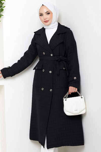 MissThetis Kruvaze Ceket Yaka Apoletli Uzun Kol Çift Cepli Kuşaklı Şık ve Cool Midi Boy Kapitone Trençkot