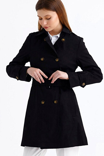 MissThetis Kruvaze Ceket Yaka Uzun Kol Düğmeli Şık ve Cool Cepli Astarsız Kemerli Rahat Kısa Gabardin Trençkot