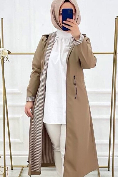 MissThetis Kapüşonlu Uzun Kollu Kendinden Çizgi Astarlı Fermuarlı Bel Büzgülü...