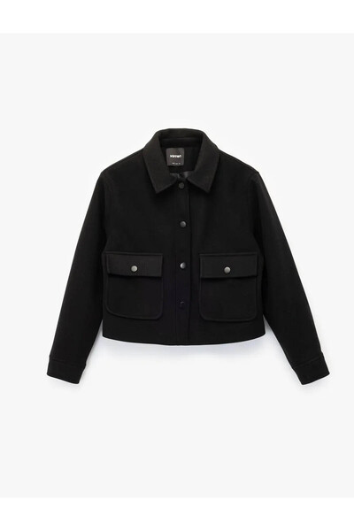 Koton Buttoned Short Cashmere Black Women's Coat with Pockets 6Wak20168Ew