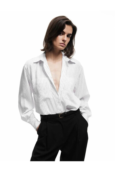 Koton Modal Fabric Classic Collar Striped White Women's Shirt 6Wak60057Uw