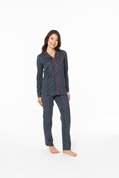 U.S. Polo Assn. New Season Women's Striped Pajama Set with Button Front (Buttoned Front)