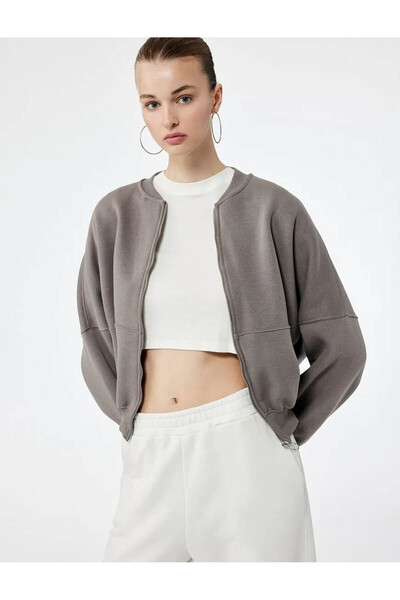 Koton Zippered Bomber Collar Gray Women's Sweatshirt 6Wal10126Ik