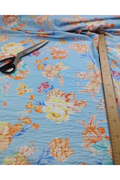 Kumaş Parça Țesătură din bumbac gofrat cu flori albastre (lățime 150 cm x lun...