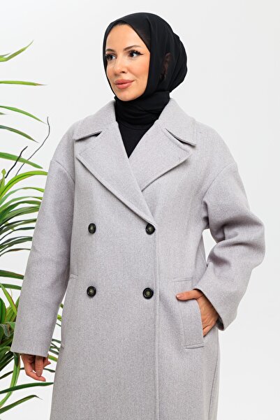 Eliva Women's Gray Stylish Elegant Thick Imported Cashmere Trench Coat Overcoat Double-Breasted Hijab Coat