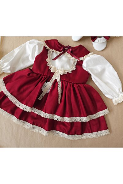 Elwirababyboutiqe vintage dantel detaylı bordo elbise