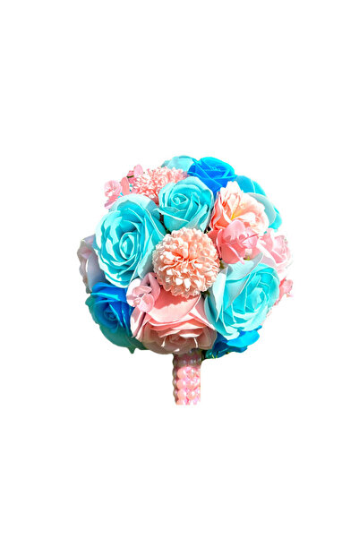 velve Buchet Mireasa din trandafiri, anemone, dalii de sapun, albastru-roz