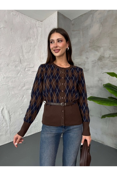 Elif Özbey Butik Brown Baklava Pattern Belted Knitwear Cardigan