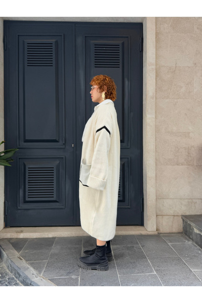 Bak'ap Striped Detailed Pocketed Maxi Long Cardigan