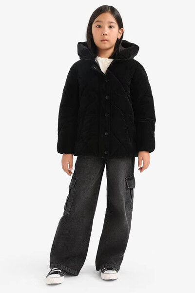 DeFacto Hooded Zippered Snap Fastener Quilted Black Girl's Coat A0839A8/Bk27