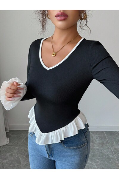 meren like your style siyah uzunkollu v yaka beyaz detaylı