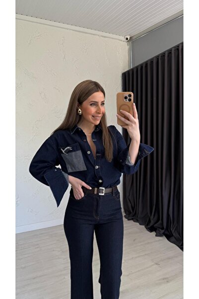 elif teke Bird Pocket Embroidered Denim Jacket Navy Blue