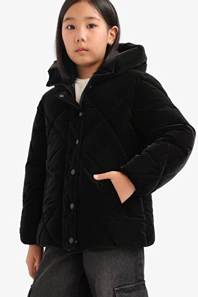 DeFacto Hooded Zippered Snap Fastener Quilted Black Girl's Coat A0839A8/Bk27
