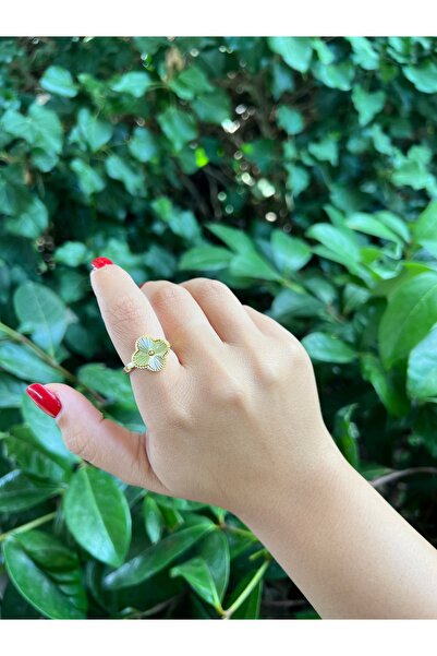 Roha خاتم كبير على شكل ورقة البرسيم من الفولاذ الذهبي