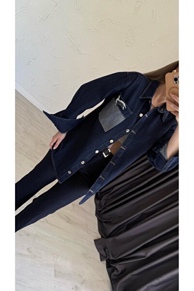 elif teke Bird Pocket Embroidered Denim Jacket Navy Blue