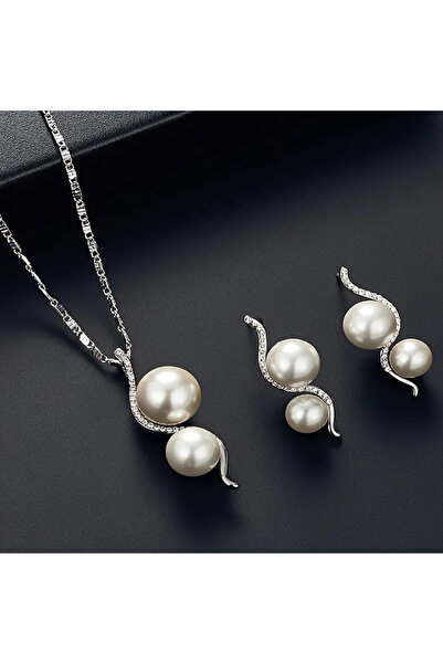 İnci Mercan Bujiteri Kabak Motifli İnci Kolye ve Küpe Seti Taşlı