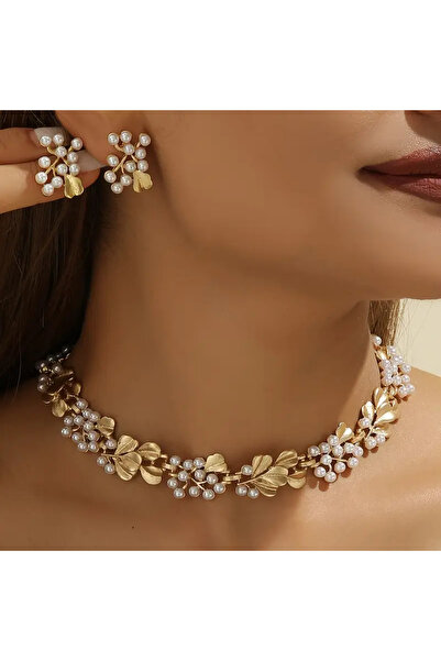 İnci Mercan Bujiteri Vintage İnci Takı Seti - Yaprak Gold - Kolye - Küpe