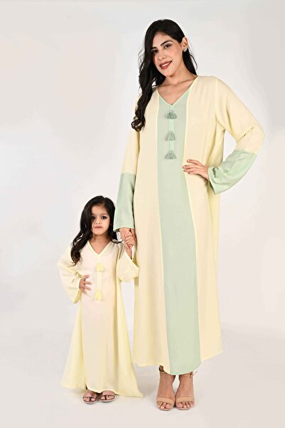 LINELLE جلابية أطفال - ماكسي أصفر من الرايون بأكمام واسعة وتفاصيل شرابة