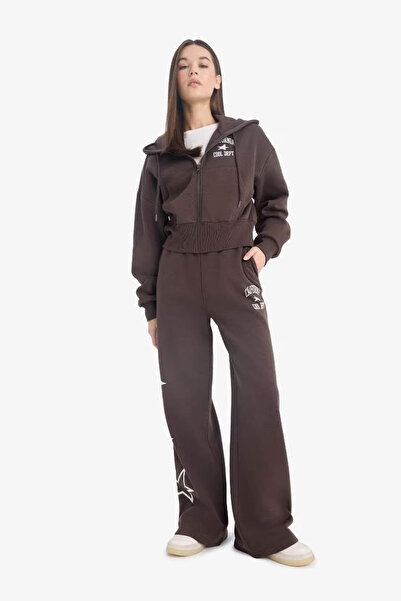 DeFacto Coool Wide Leg Printed Brown Women's Sweatpants E9584Ax/Bn258