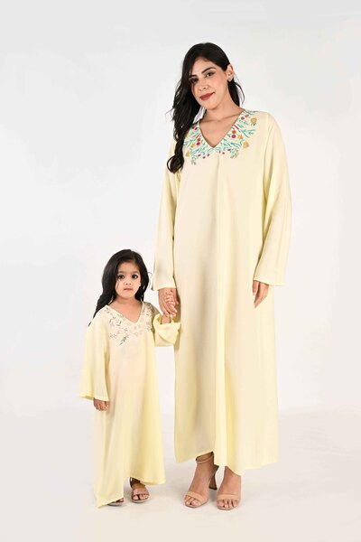 LINELLE جلابية أطفال - ماكسي رايون أصفر فاتح بأكمام واسعة وتطريز