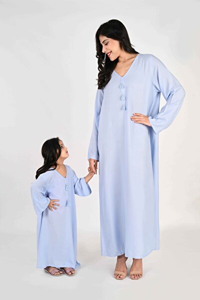 LINELLE جلابية أطفال - ماكسي أزرق من الرايون بأكمام واسعة وتفاصيل شرابة