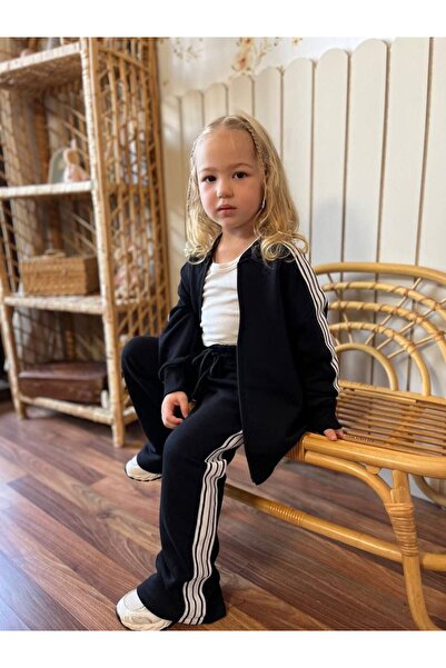 Tiny Black Striped Tracksuit with Zippered Top and Bottom Set