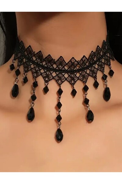 KANERUZ Gotik Siyah Dantel Gerdanlık Kolye