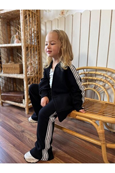 Tiny Black Striped Tracksuit with Zippered Top and Bottom Set