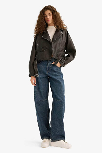 DeFacto Oversize Geniş Kalıp Tafta Antrasit Kadın Deri Ceket E8531AX/AR228