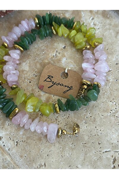 By Song Aksesuar Olivin , yeşim taşı , pembe kuvars doğaltaş kolye