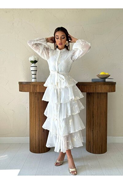 Afiş Butik Ekru Fisto Kuşaklı Volanlı Midi Elbise