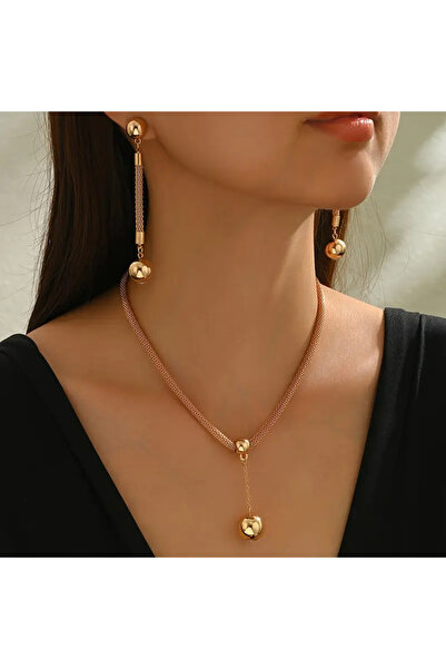 İnci Mercan Bujiteri Minimalist Geometrik Küre Kolye ve Sallantılı Küpe Seti - Katmanlı Zincirli Küre Boncuklu Kolye