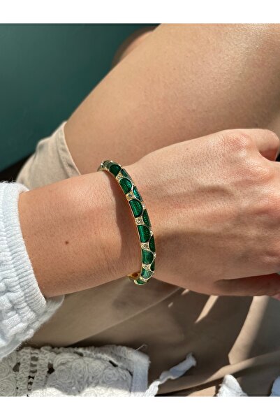 Hora Zümrüt Mine İşlemeli Gold Çelik Kelepçe