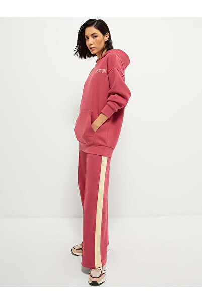 DobaKids Coral Color California Printed Oversize Hooded Women's Tracksuit Set Wide Fit Women's Tracksuit