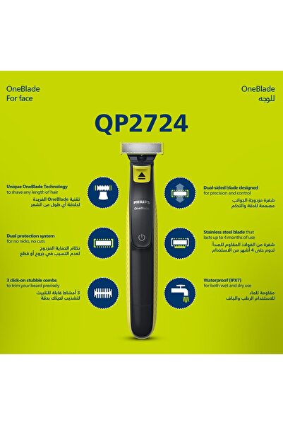 Philips OneBlade QP2724/10 تشذيب وتحديد الحواف والحلاقة لأي طول شعر، 3 أمشاط للحية الخفيفة، شفرة مزدوجة الجوانب