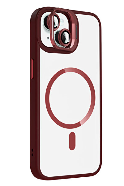 Fuchsia Apple iPhone 13 Remim Lensli Magsafe Standlı Kapak - Bordo