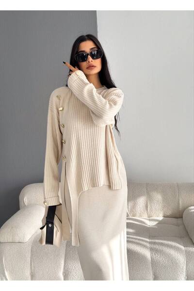 By Kuzey Aras Women's Two-Piece Suit Knitwear Long Skirt and Side Button Knit Sweater