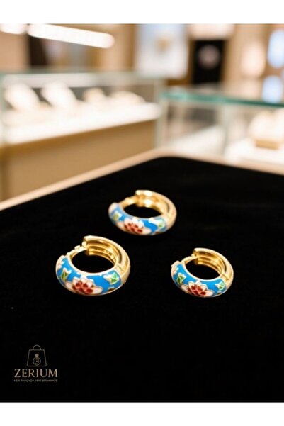 ZERİUM Çini Desenli Çiçek Motifli Vintage Esintili Trend Halka Kadın Küpe