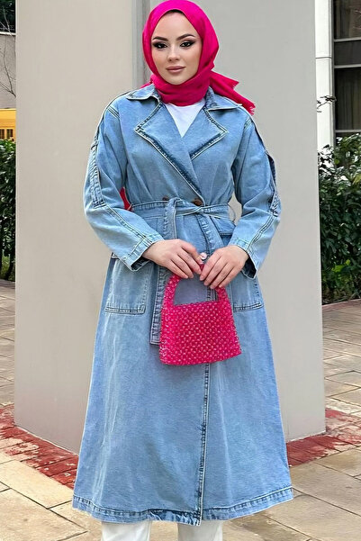 Yeslena Ceket Yakalı İki Heybe Cep Astarsız Uzun Kol Kuşaklı Tarz Düğmeli Casual Diz Altı Denim Kot Trençkot