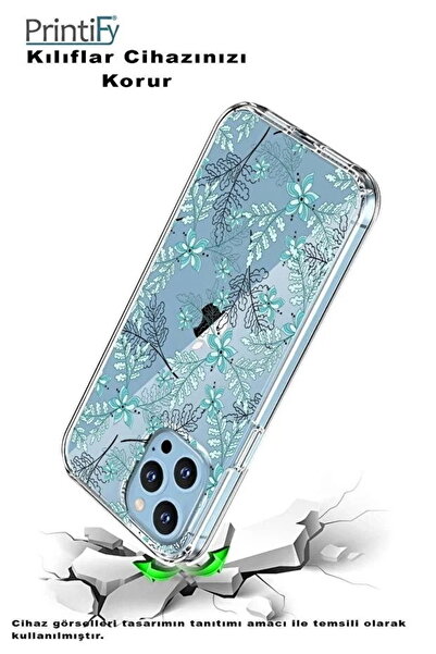 PrintiFy Realme 11 Pro Plusİle Uyumlu Floral Su Yeşili Baskılı Kamera Korumalı Şeffaf Kılıf