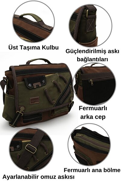 Cappadocia Vintage 4017 Khaki Brown 14-Inch Laptop Cotton Gabardine Messenger School Bag Unisex with Lock Multi-Pocket Shoulder Strap