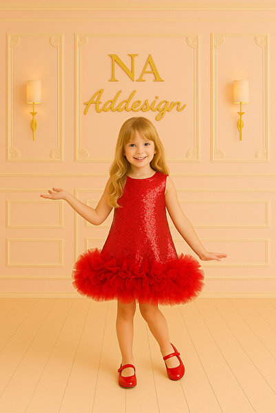 NA ADDESIGN Kız Çocuk Payetli Kabarık Tütü Elbise - 4 Renk Seçenekli (Beyaz, Fuşya, Kırmızı, Siyah)