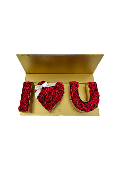 velve Cutie aurie cu trandafiri din sapun si text, "I LOVE YOU", Rosu, Rosu